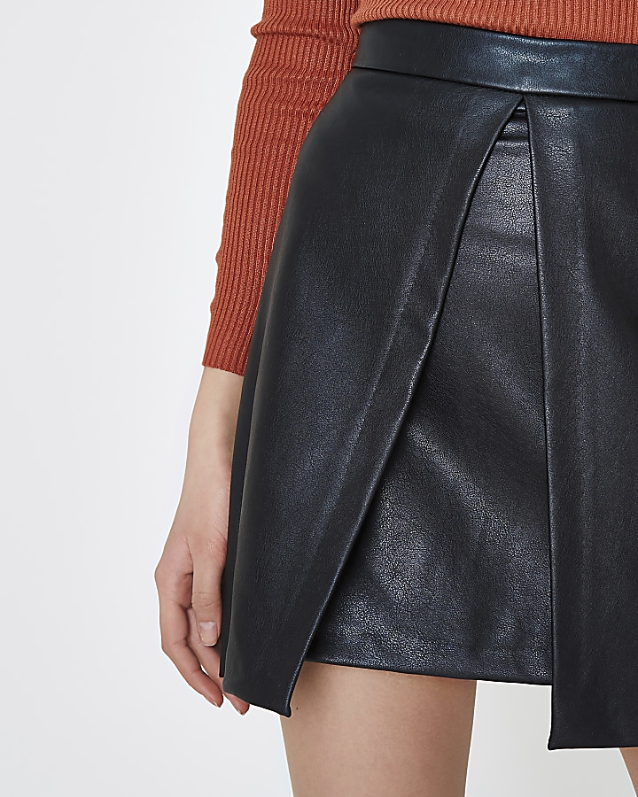 Black split front faux leather  A line skirt