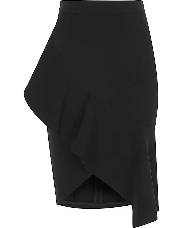 Black asymmetric frill pencil skirt