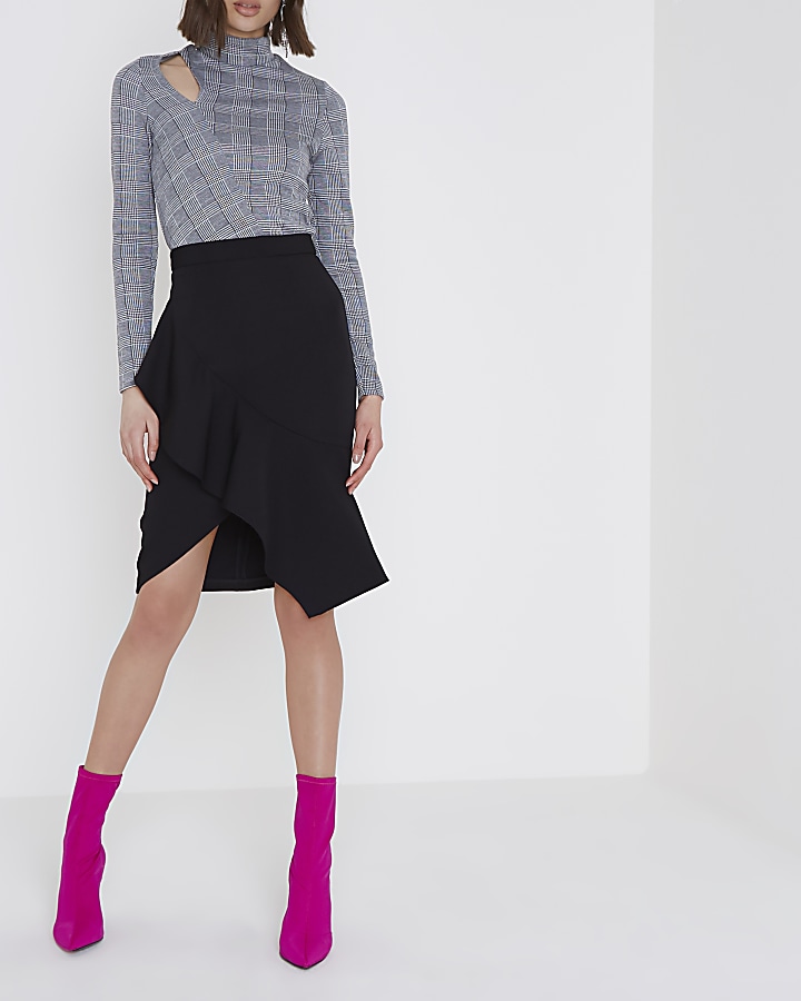 Black asymmetric frill pencil skirt