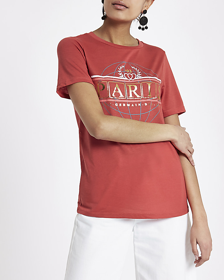 Red 'Paris' globe easy fitted T-shirt