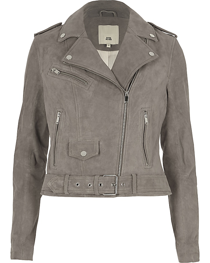 Grey suede belted biker jacket