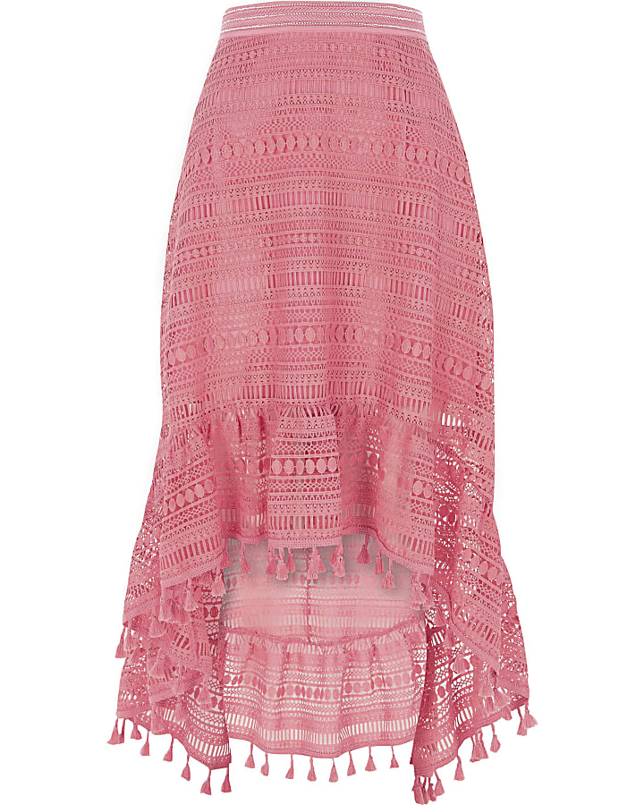 Pink crochet high low hem midi skirt