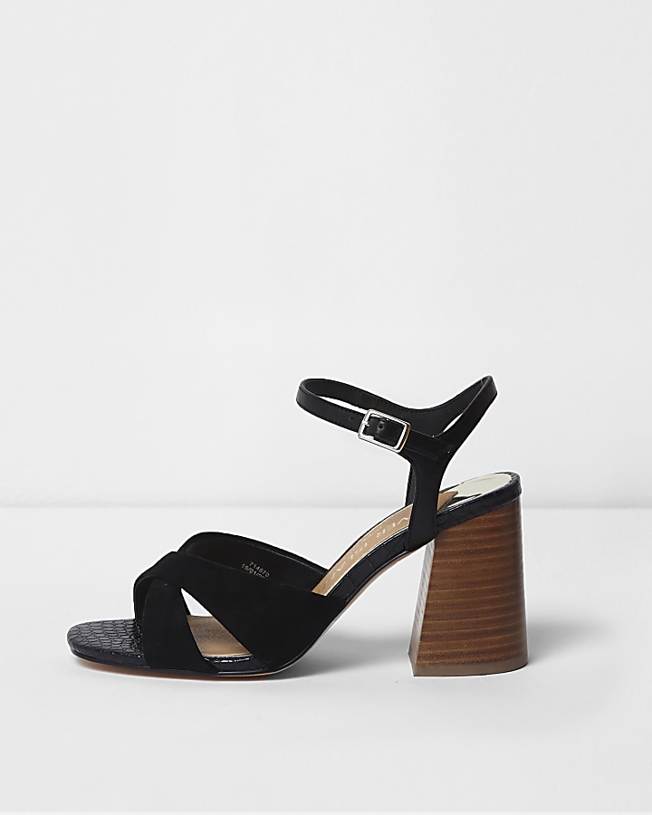 Black wide fit cross strap block heel sandals
