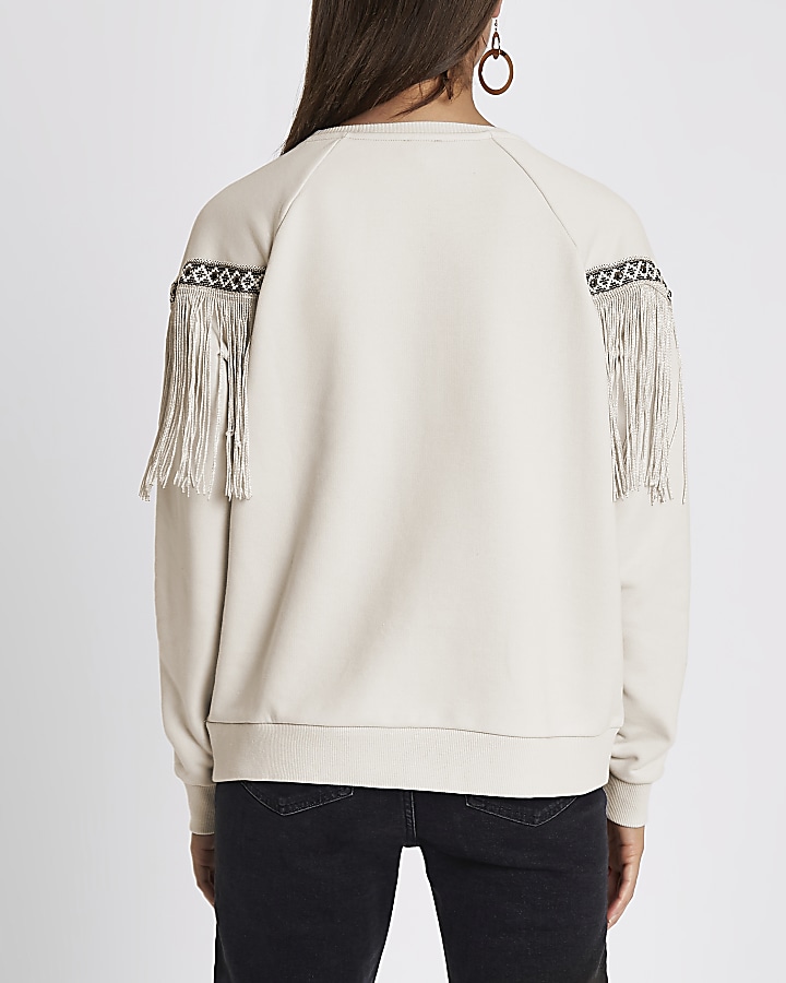 Beige embroidered trim fringe sweatshirt