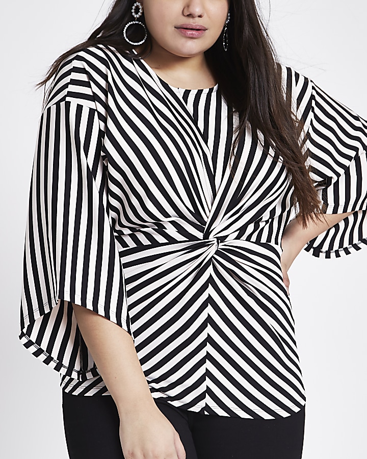 Plus black stripe twist front kimono top