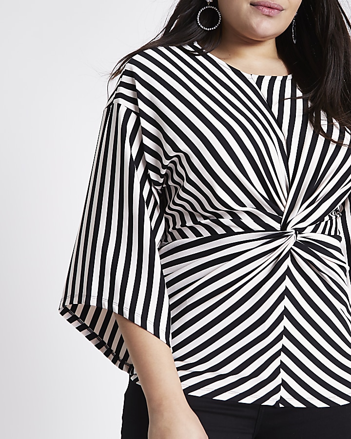 Plus black stripe twist front kimono top