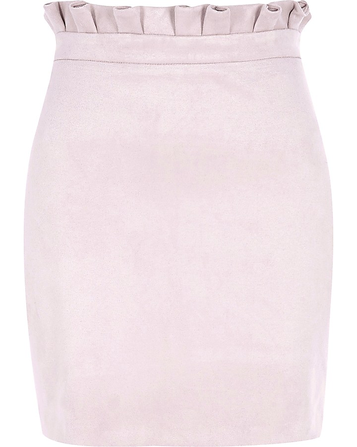 Pink faux suede paperbag mini skirt