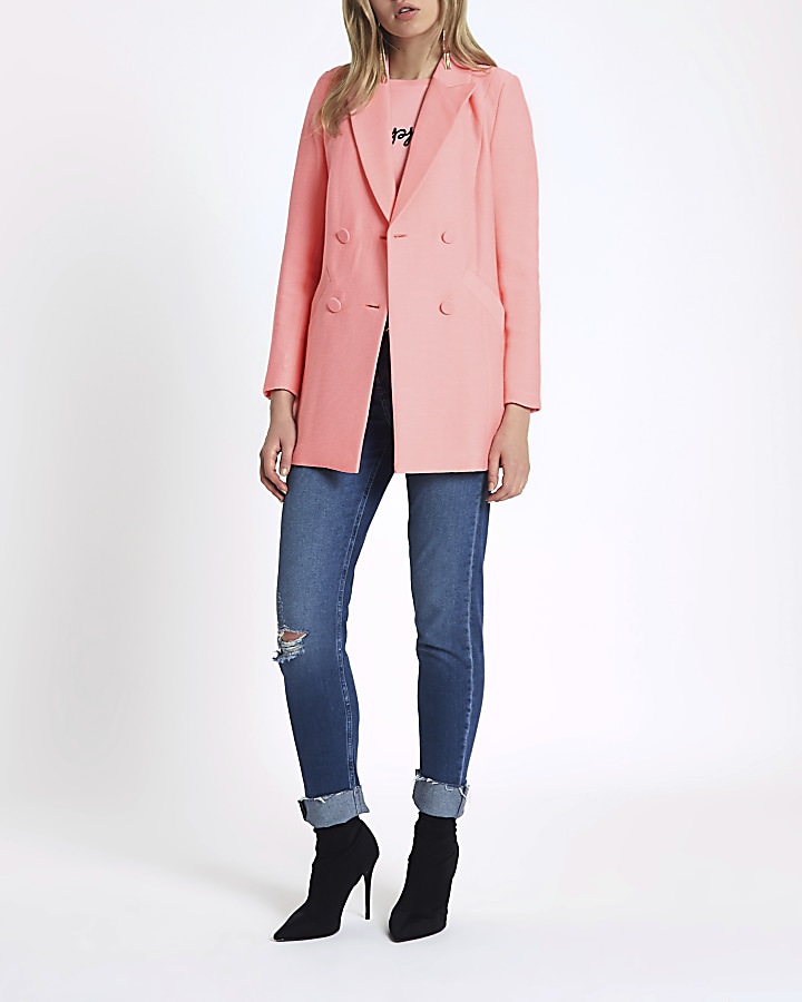 Pink textured double breasted blazer