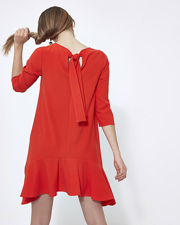 Red three quarter sleeve swing dress