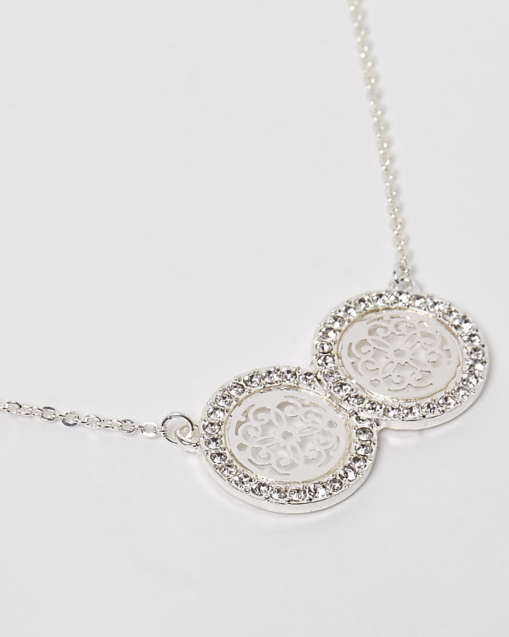 Silver tone double filigree coin necklace