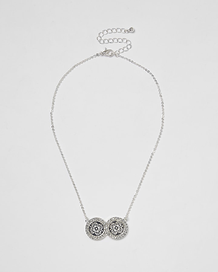 Silver tone double filigree coin necklace