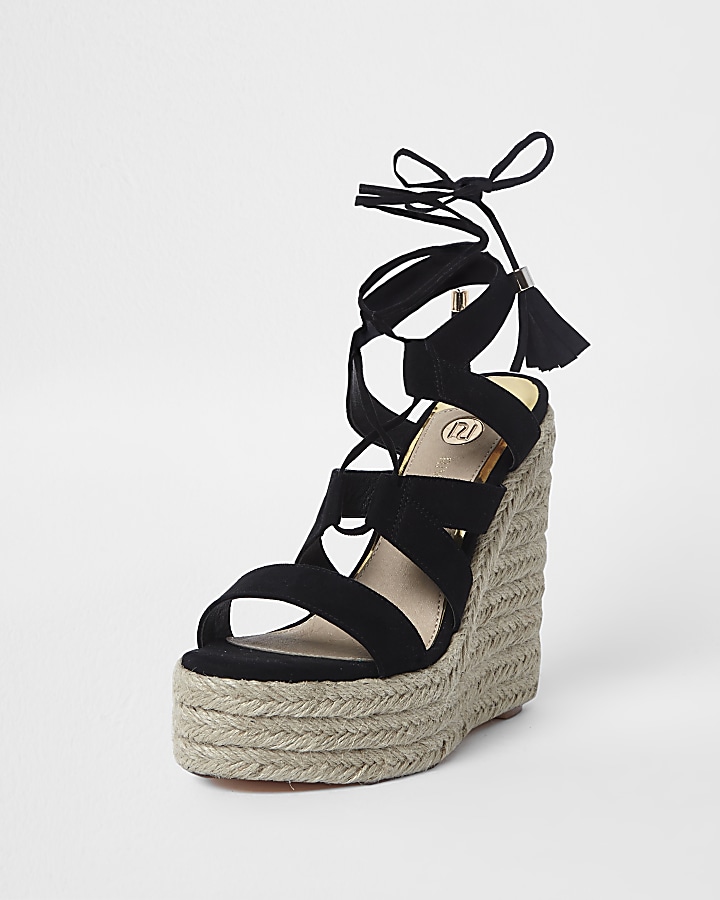 Black lace-up espadrille wedges sandals