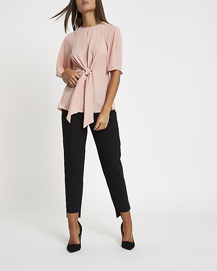 Light pink tie front short sleeve blouse