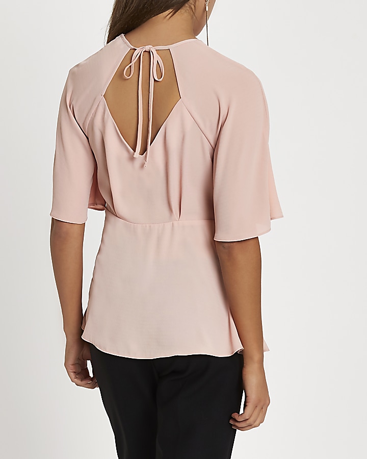 Light pink tie front short sleeve blouse