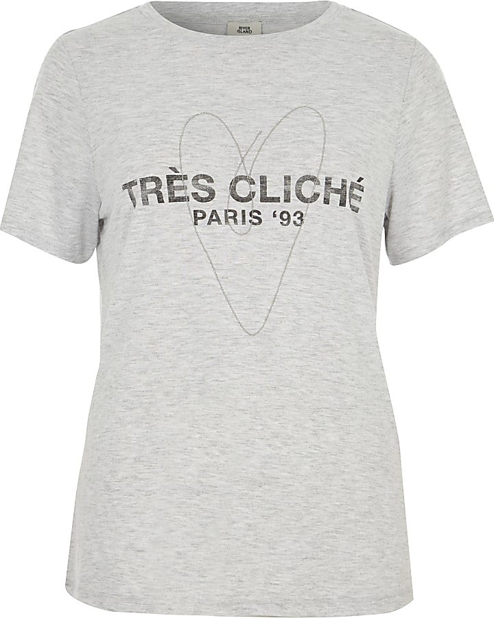 Grey marl 'tres cliche' heart chain T-shirt