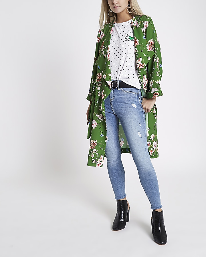 Petite green floral D-ring side duster coat
