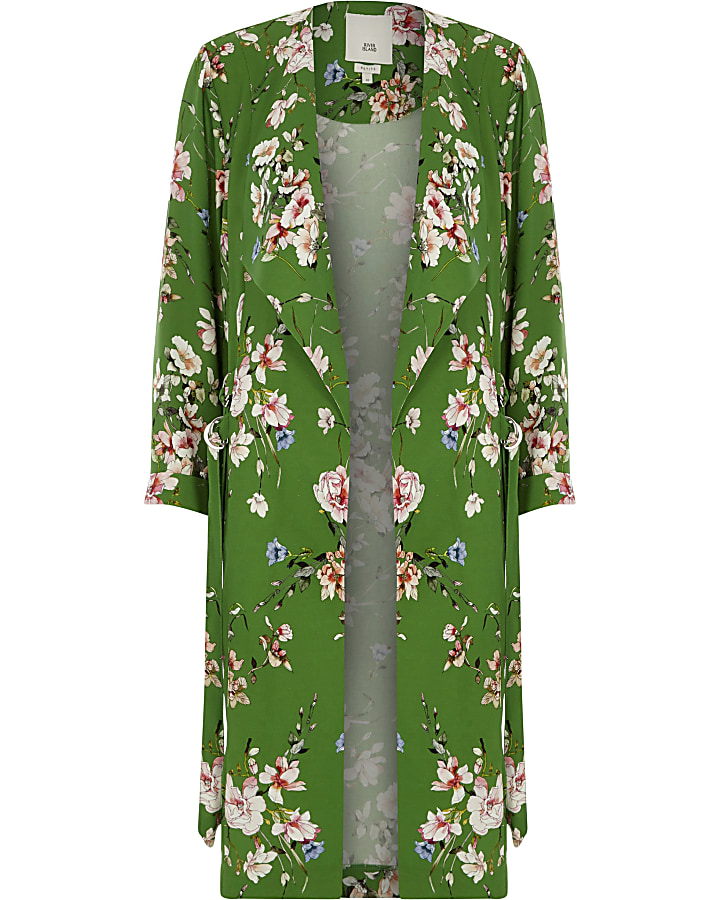 Petite green floral D-ring side duster coat