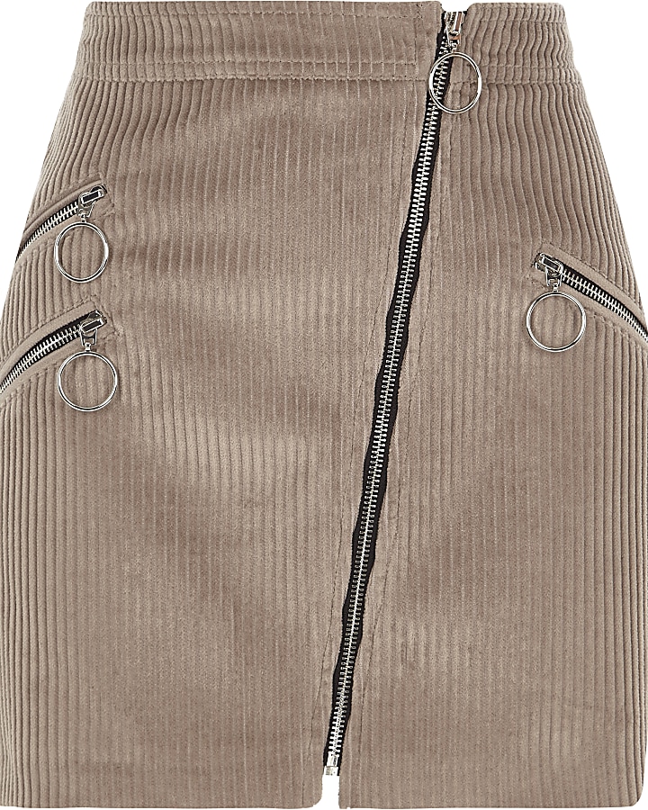 Brown cord biker zip mini skirt