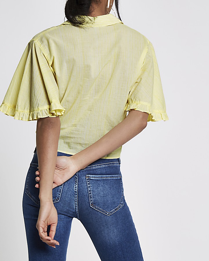 Yellow stripe frill tie front cropped shirt