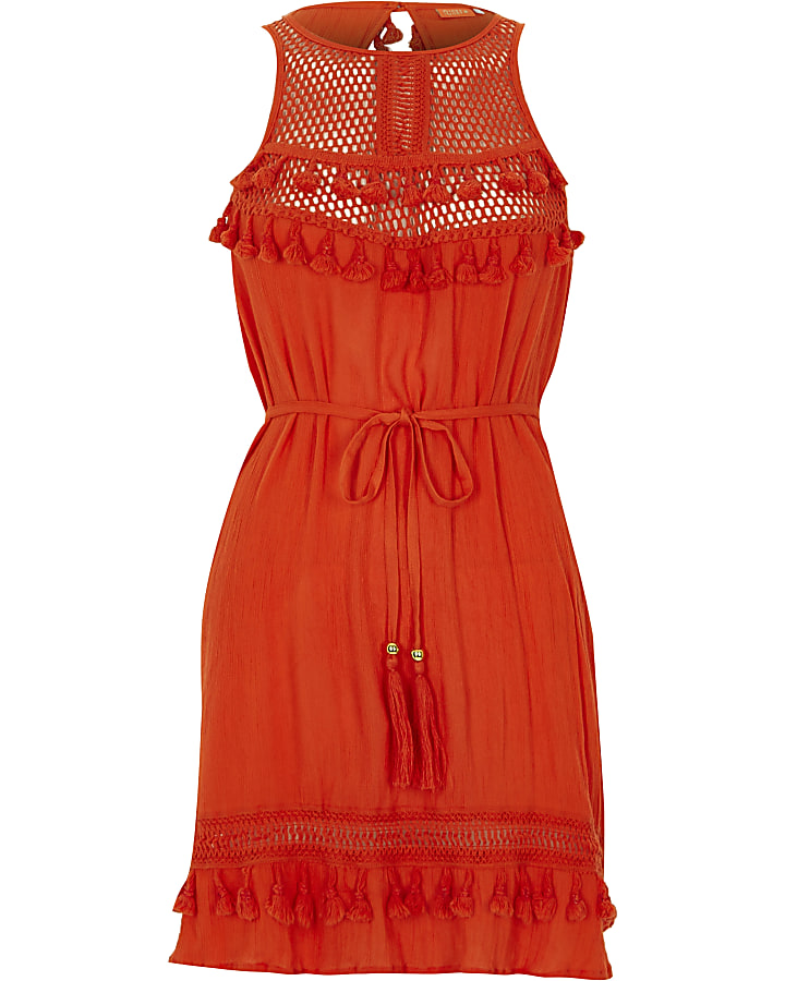 Red mesh insert tassel trim beach dress