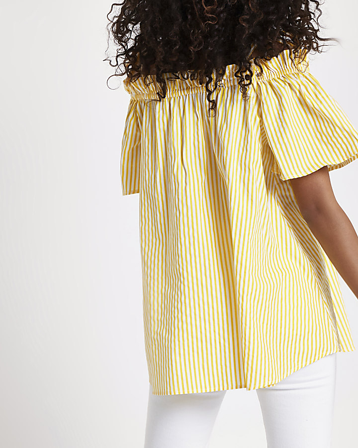 Yellow stripe bardot frill bow shoulder top