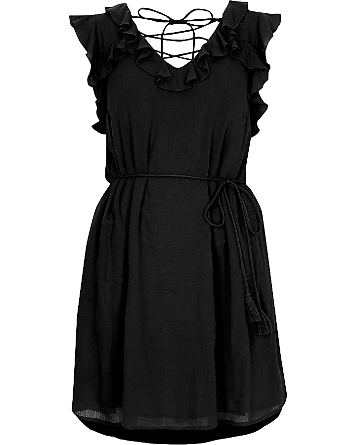 Black lace-up back frill mini swing dress