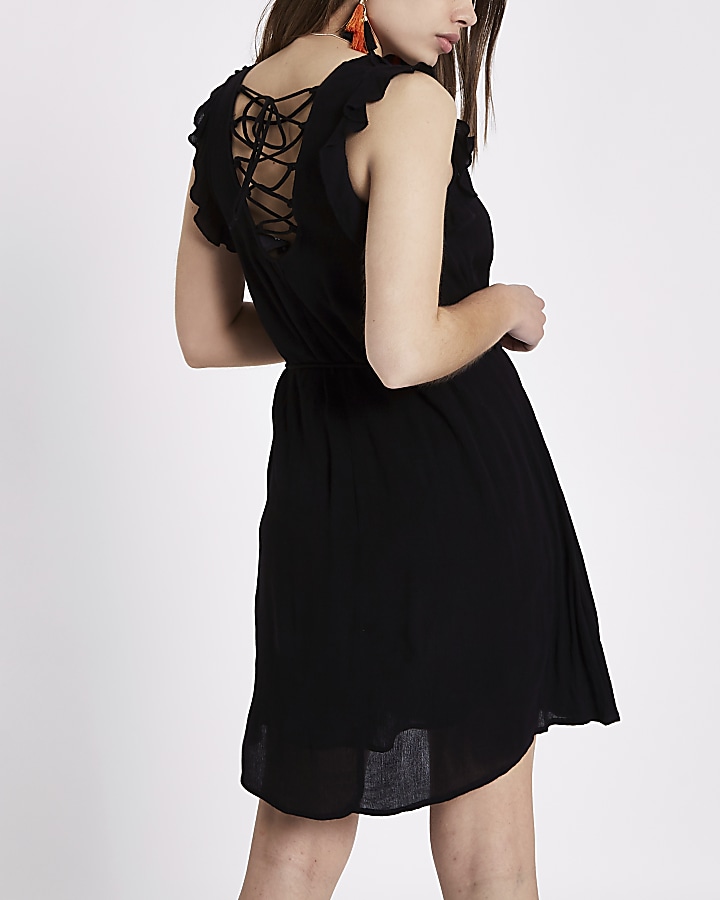 Black lace-up back frill mini swing dress