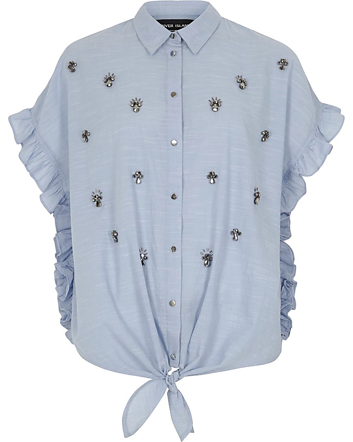 Blue diamante embellished frill shirt