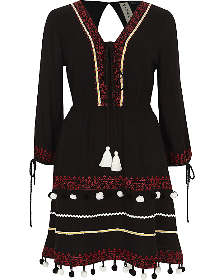 Black embroidered pom pom smock dress