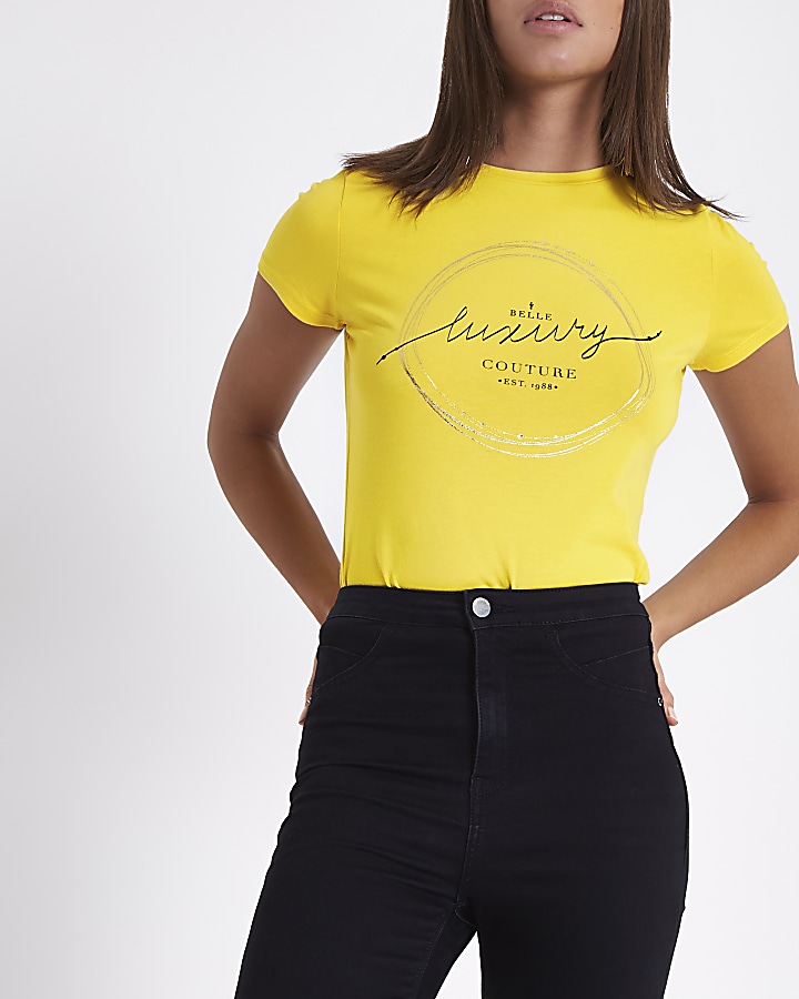 Yellow ‘belle luxury’ foil print T-shirt