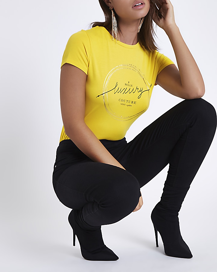 Yellow ‘belle luxury’ foil print T-shirt