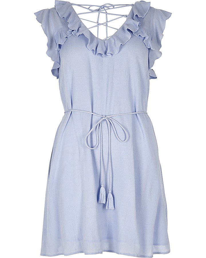 Petite Light blue lace-up frill swing dress