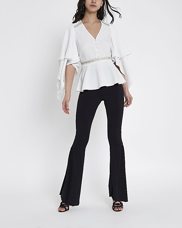 White sequin embellished frill sleeve top