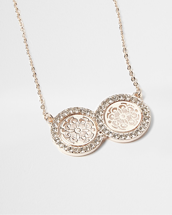 Rose gold tone double filigree coin necklace