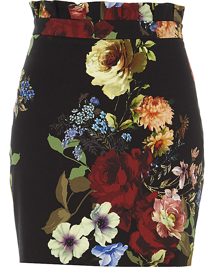 Black floral paperbag mini skirt