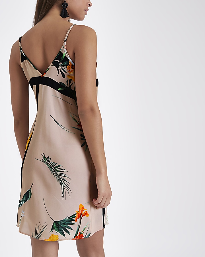 Beige floral print mini slip dress