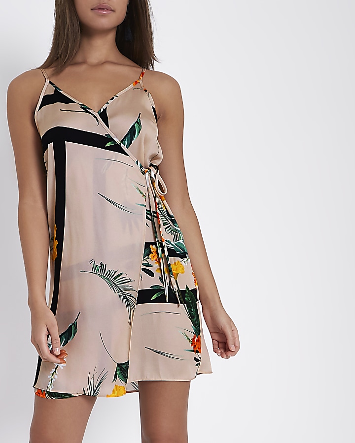 Beige floral print mini slip dress
