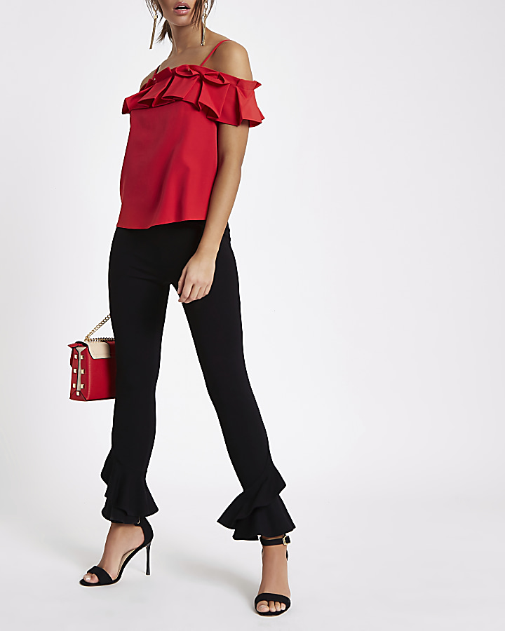 Red pleated frill cold shoulder top