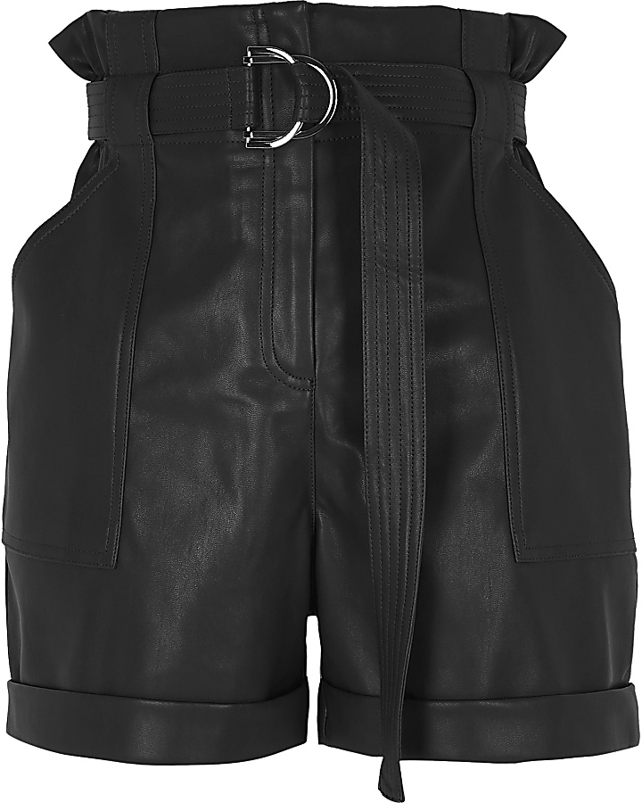 Black faux leather paperbag waist shorts