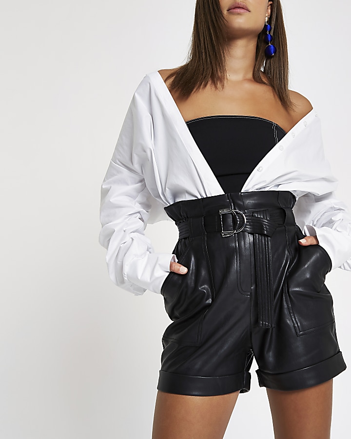 Black faux leather paperbag waist shorts