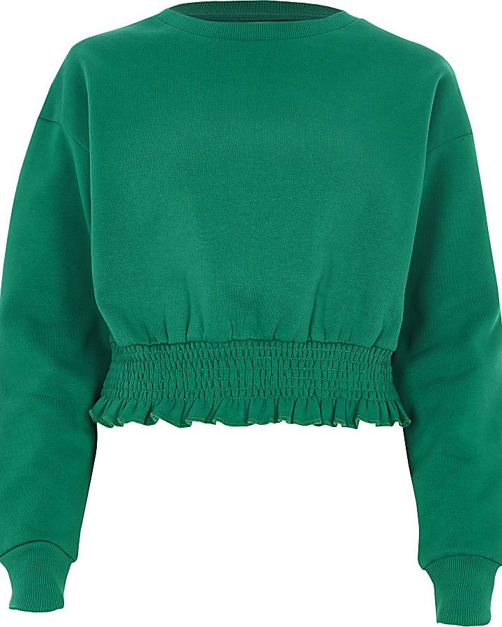 Green shirred hem cropped sweatshirt