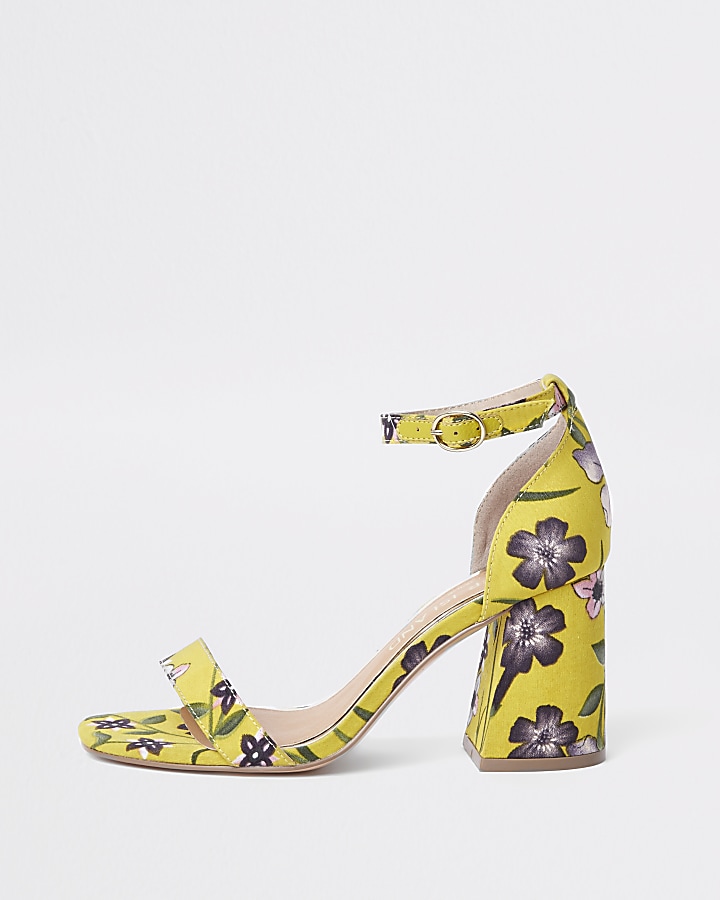 Yellow wide fit floral block heel sandals
