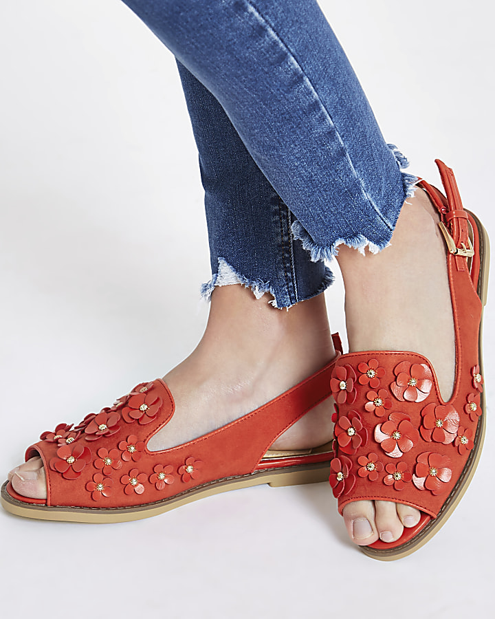Red 3D flower slingback peep toe loafers