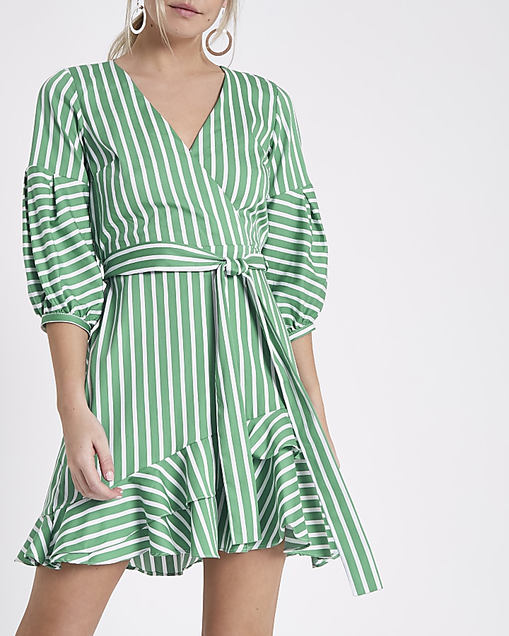 Petite green stripe wrap frill hem dress