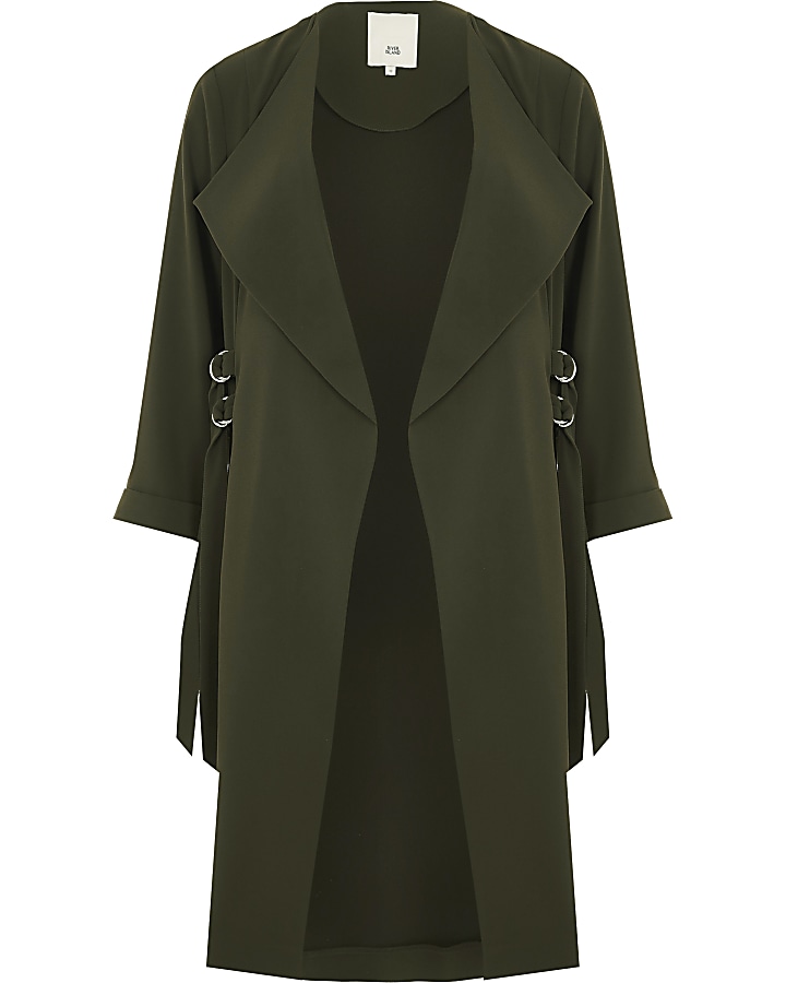 Khaki green D-ring strap duster coat