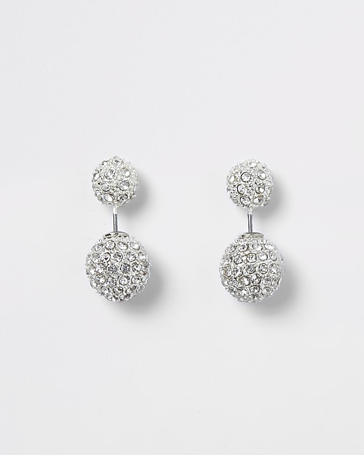 Silver tone diamante front and back earrings