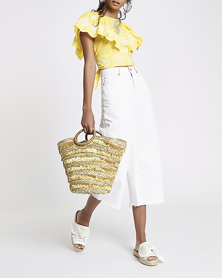 Yellow embroidered frill sleeve crop top