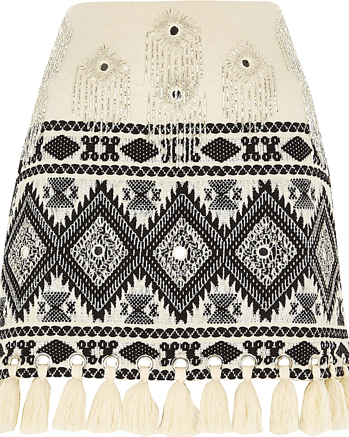 Cream embroidered tassel hem mini skirt