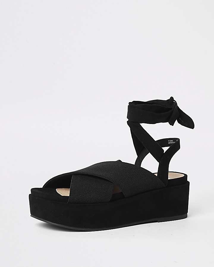Black ankle tie platform heel sandals