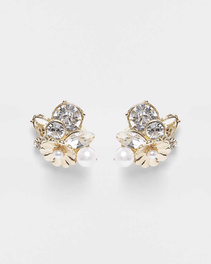 Gold tone diamante pearl cluster earrings